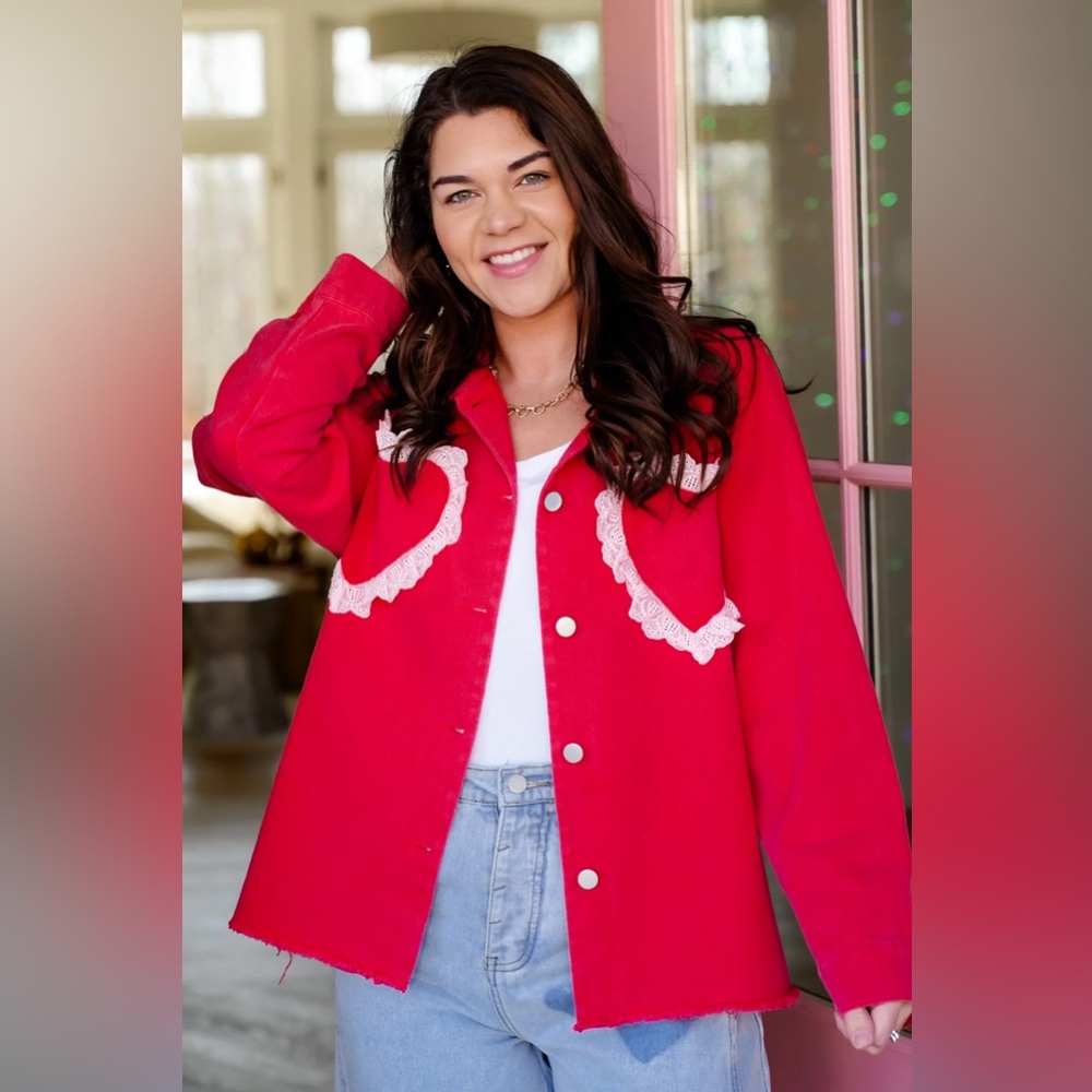 DAVI & DANI Red Lace-Trim Button-Front Jean Jacket